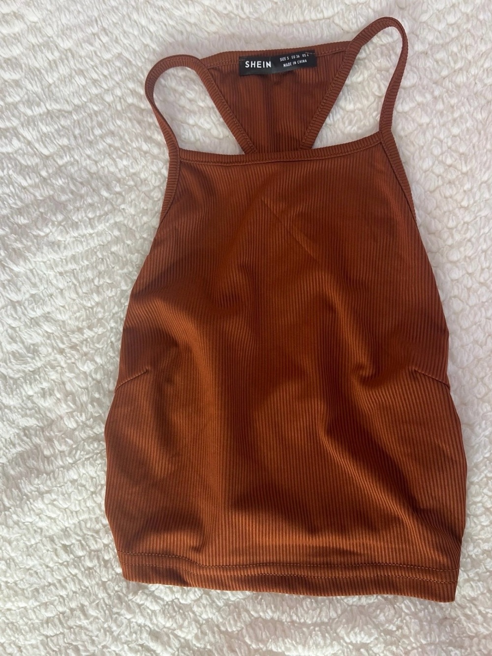 SHEIN Rust Brown Ribbed Halter Mini Dress